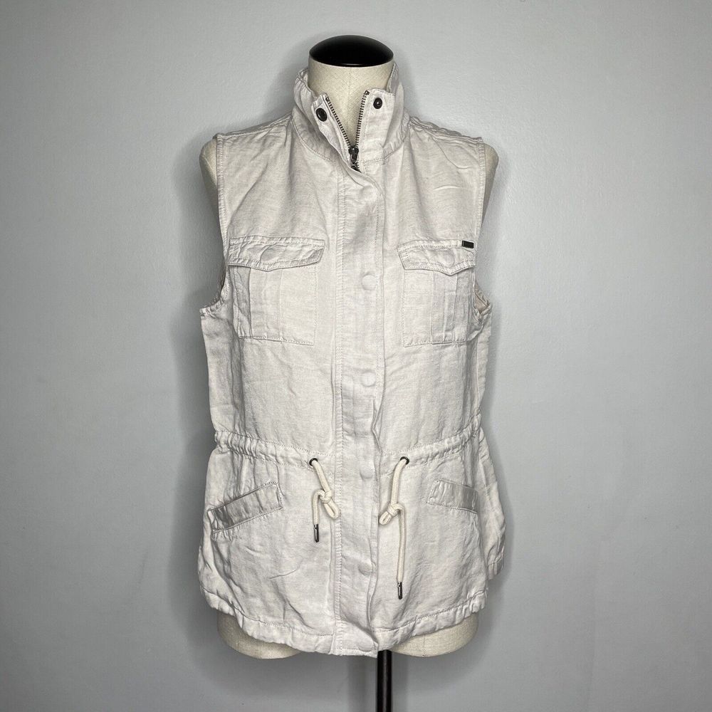 Max Jeans Safari Vest Women Medium Beige Linen Summer Multi Pockets Sleeveless